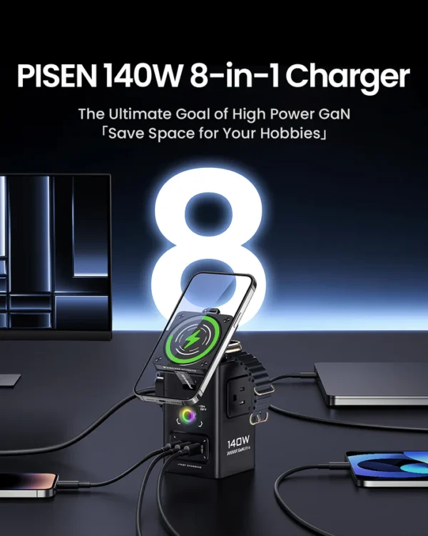 PISEN 140W GaN Magnetic Wireless Charging MagStation 8-in-1 Socket Set KF27 - Image 4