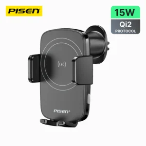 PISEN TP-C69 15W Wireless Auto Clamping Car Mount Charger with Qi-certified fast charging, automatic phone grip arms, and secure dashboard or vent mount.