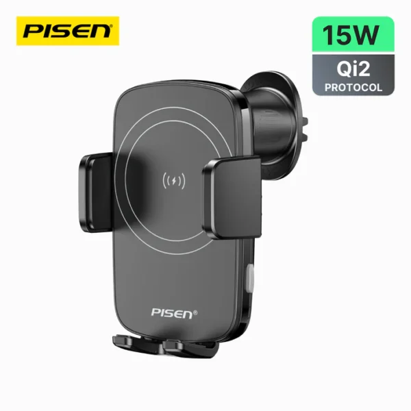 PISEN TP-C69 15W Wireless Auto Clamping Car Mount Charger with Qi-certified fast charging, automatic phone grip arms, and secure dashboard or vent mount.