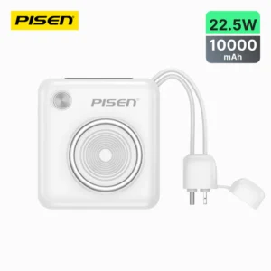 PISEN TP-D105 Power Depot 22.5W 10000mAh portable power bank with built-in Lightning and USB-C cables, LED display, and compact design.