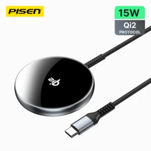 PISEN TP-C56 Qi2 Magnetic Desktop Charging Pad Base with 15W fast wireless charging and strong magnetic alignment for Qi2 devices.