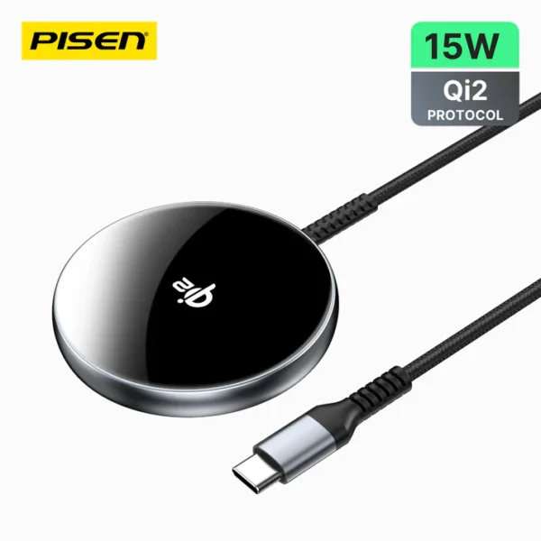 PISEN TP-C56 Qi2 Magnetic Desktop Charging Pad Base with 15W fast wireless charging and strong magnetic alignment for Qi2 devices.