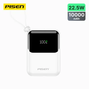 PISEN TP-D096 Sunny Power 22.5W 10000mAh portable mini power bank with built-in Lightning and USB-C cables, compact design, and fast charging capability.