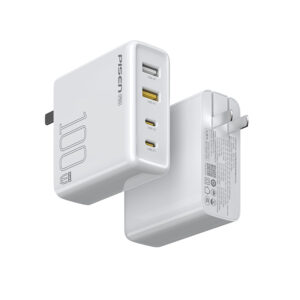 PISEN TS-C147 GaN 100W Fast Wall Charger featuring 2 USB-C and 2 USB-A ports, compact travel design, and high-speed PD laptop charging capability.